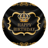 Lofaris Gold Crown And Diamonds Black Happy Birthday Round Backdrop